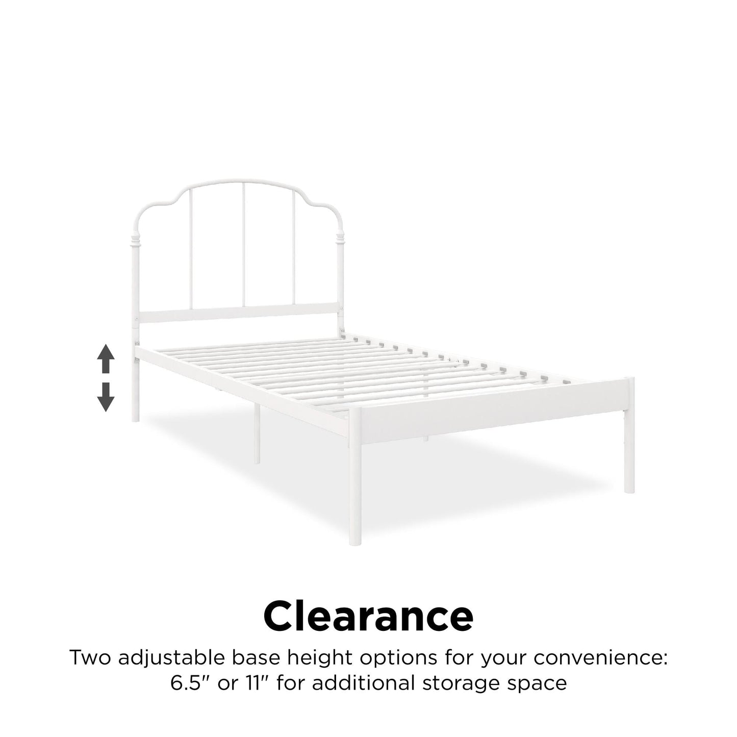 Classic RealRooms Camie Metal Bed, Adjustable Base Height, Twin, White