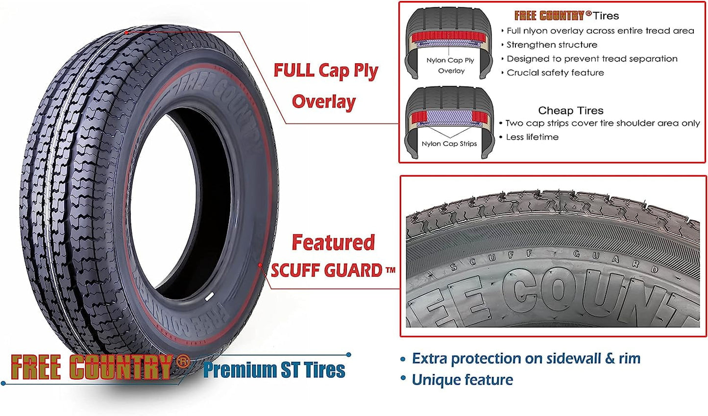 Classic Free Country New Trailer Tire ST205/75D15 2057515 15" F78-15 Bias 6PR 11021, Set 5