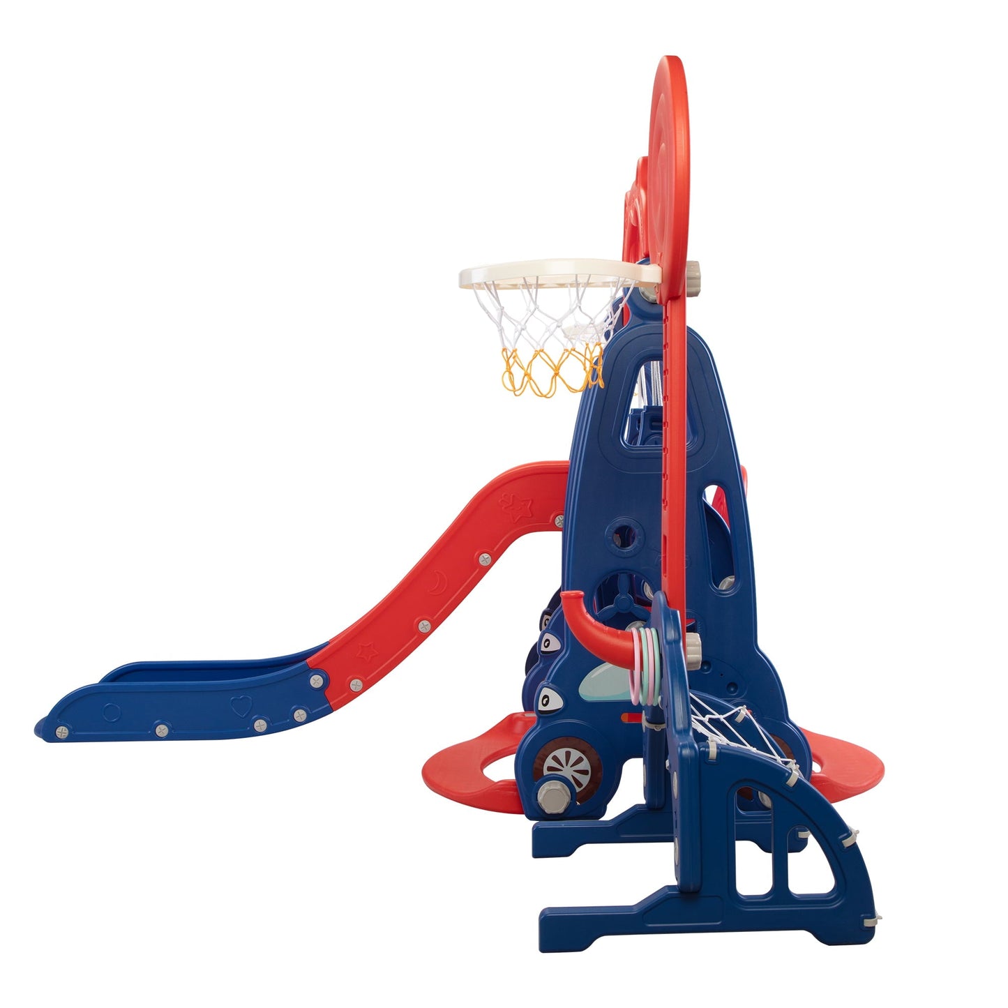 Versatile Kids-gift! 5 in 1 Slide and Swing Playing Set, Toddler Extra-Long Slide with 2 Basketball Hoops, Football, Ringtoss, Indoor Outdoor