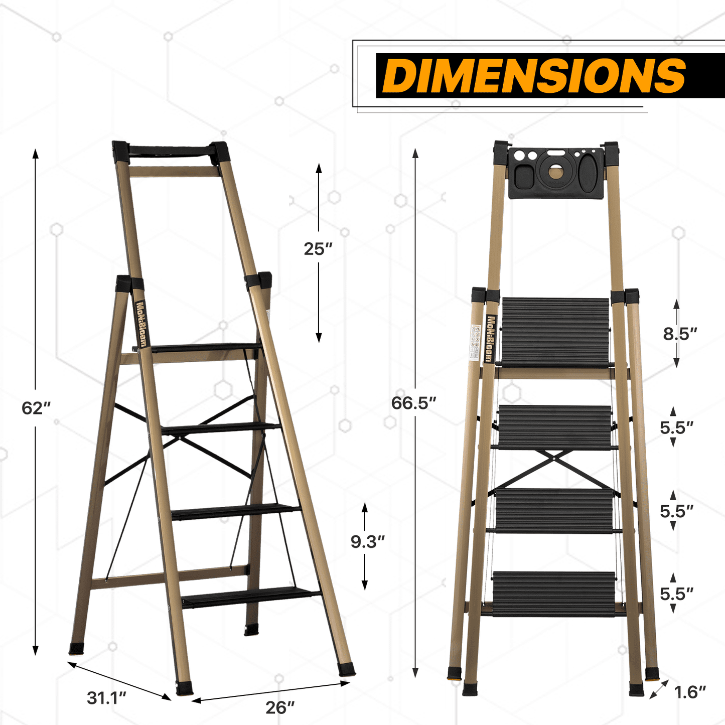 Versatile MoNiBloom 4 Step Ladder Folding Stool Heavy Duty 331Lbs Capacity Industrial Lightweight, Black/Gold