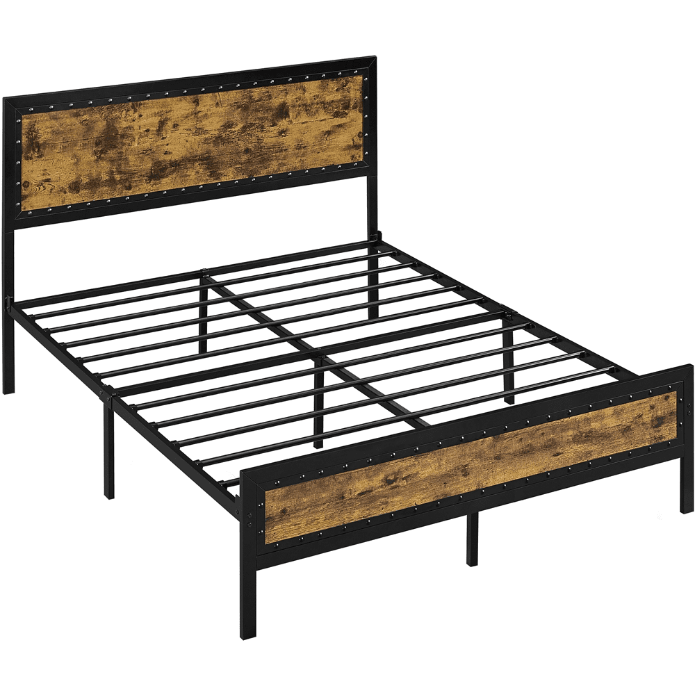 Versatile Topeakmart Industrial Metal Bed Frame with Wooden Headboard and Footboard, Queen Size, Rustic Brown