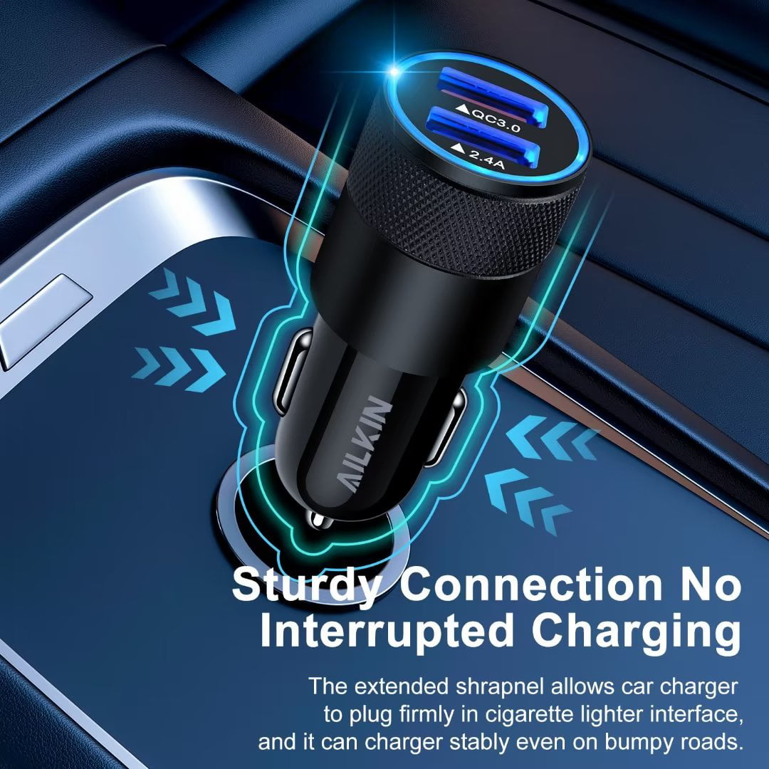 Versatile iPhone Car Charger,AILKIN USB Car Charger,Dual USB Lightning Car Charger Adapter Car Socket Cigarette Lighter QC3.0/2.4A iPhone Car Charger with 2PCS Lightning Cable 6ftï¼Black)