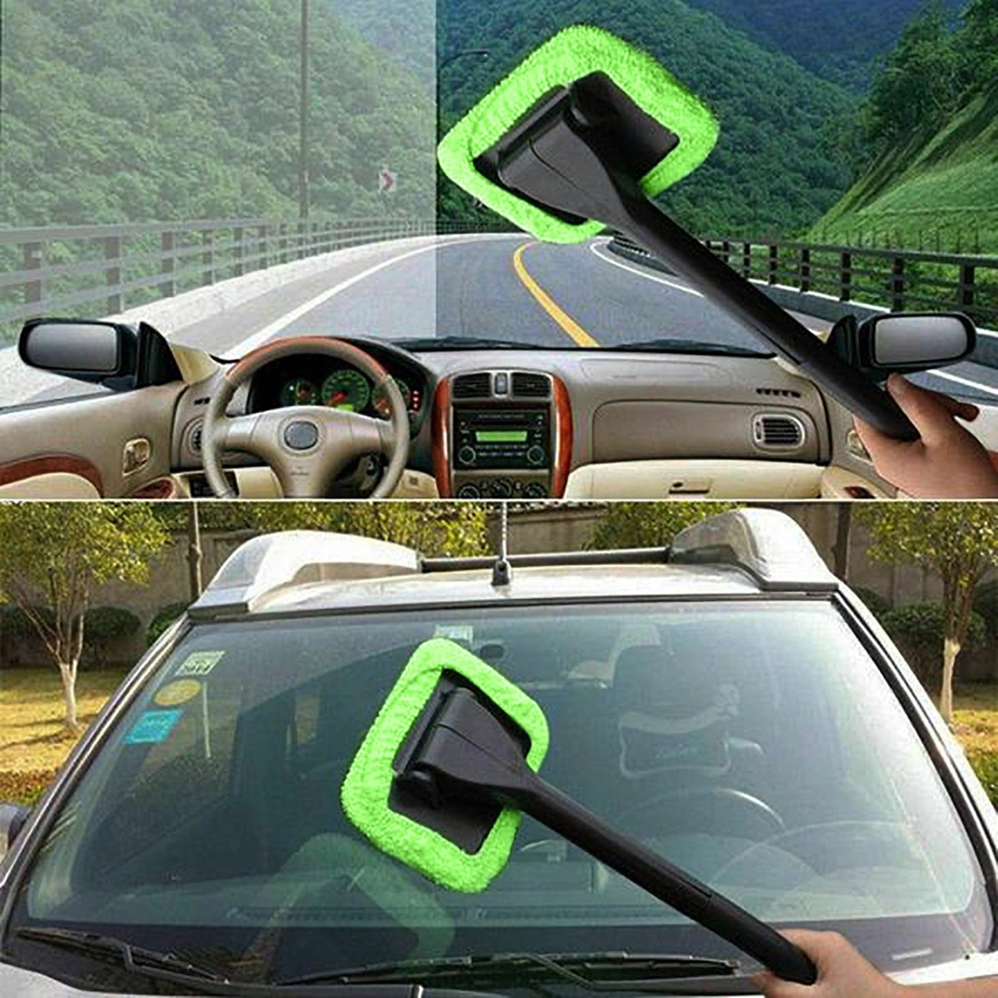 Versatile Herrnalise Windshield Cleaning Tool Car Window Cleaner with Extendable Long Handle Washable Reusable Microfiber Pads Auto Interior Exterior Glass Wiper Cleaning Kit Universal for Office and Home