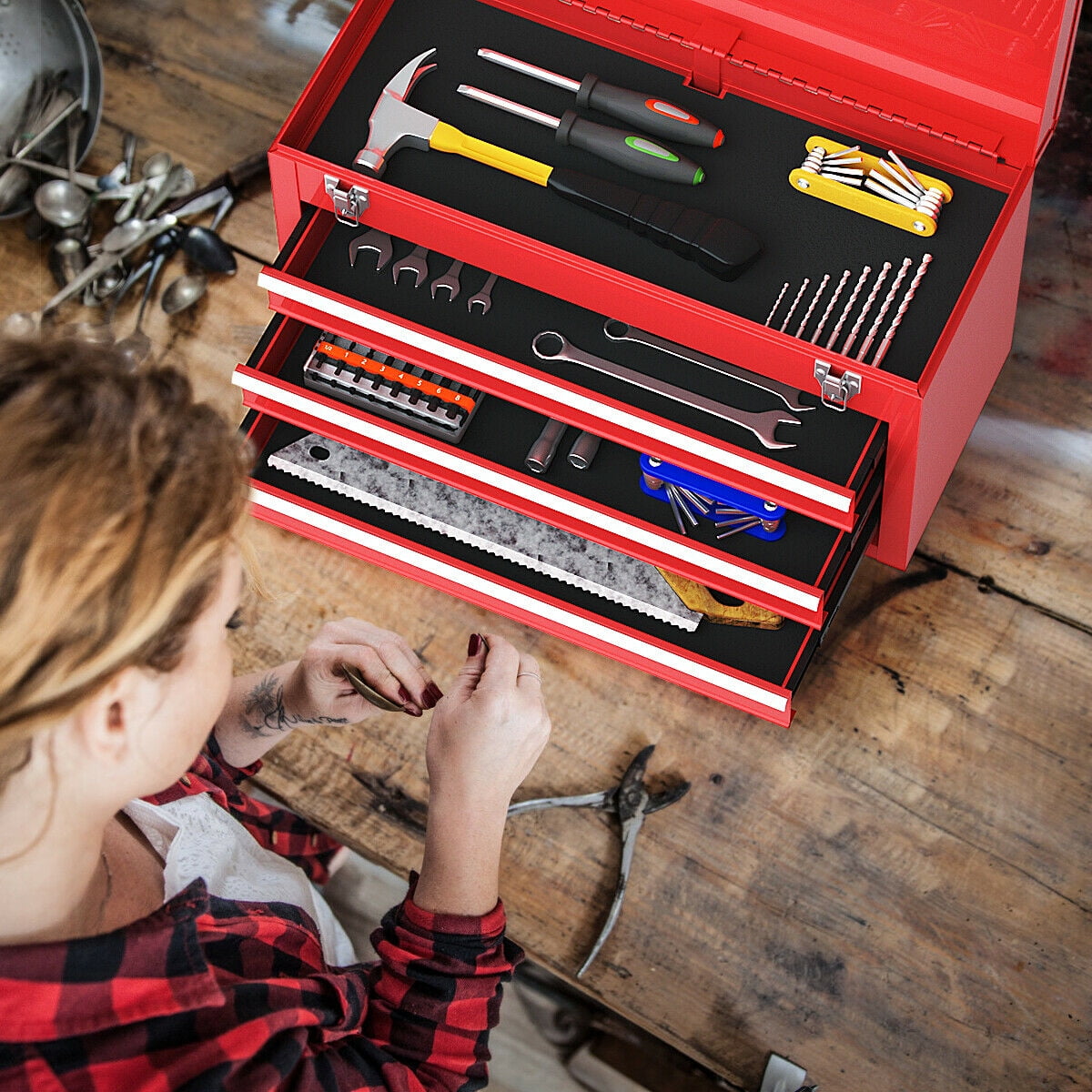 Versatile Costway Portable Tool Chest Box Storage Cabinet Garage Mechanic Organizer 3 Drawers Red