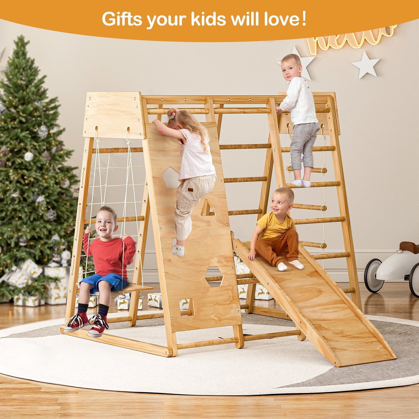 Versatile GIKPAL 8-in-1  Wooden Indoor Kids Playground Jungle Gym with Slide, Toddlers Wooden Climber with Slide Playset, Wooden Rock Climbing Wall with Rope Wall Climb, Monkey Bars, and Swing for Kids