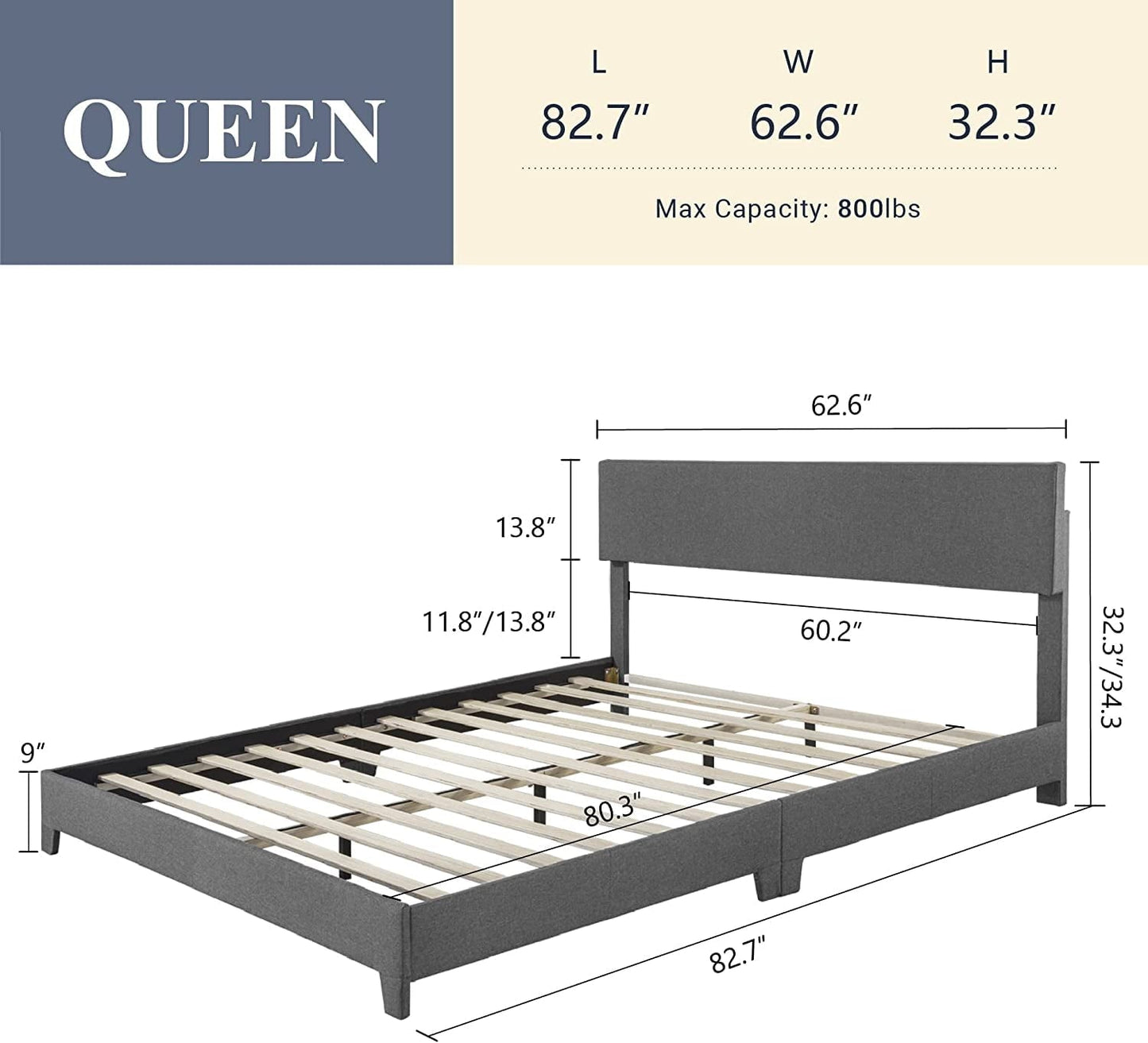 Versatile Allewie Queen Platform Bed Frame with Upholstered Adjustable Fabric Headboard, Dark Grey