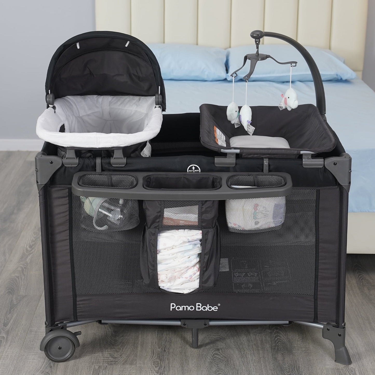 Classic Pamo Babe Unisex Nursery Center Playard with Bassinet & Changing Table, Black