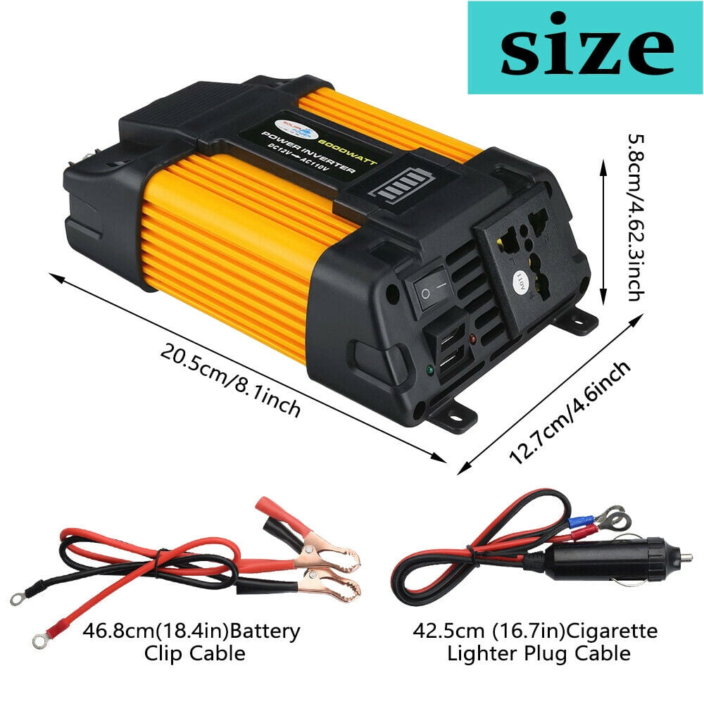 Classic 4000W Power Inverter DC12V to AC110V Sine Wave Convert with 2 USB Ports 1 Sockets for Camp Home