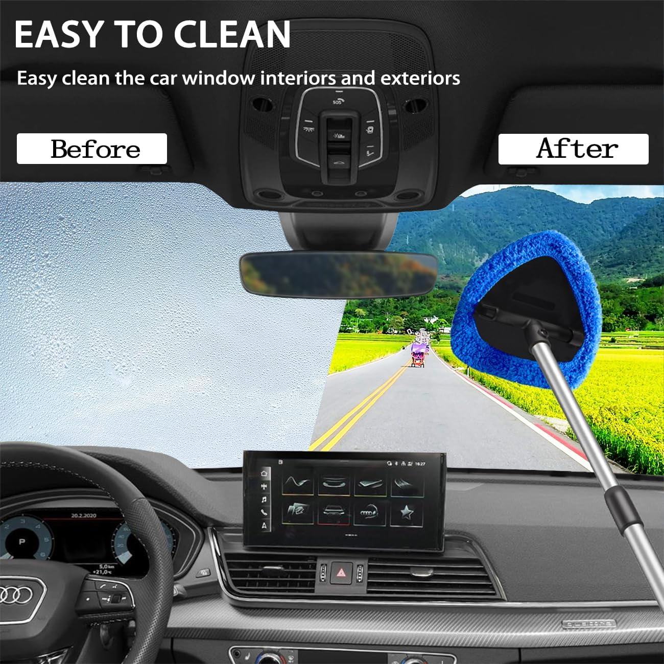 Versatile Walkfairy 25.6'' Extendable Longer Windshield Cleaning Tool, Stronger Absorbent Car Window Cleaner with 5 pcs Washable Pads and 2 pcs 60ml Spray Bottles Multifunctional Use Windshield Cleaner Tool Kit